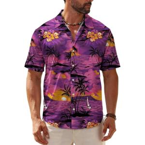 imageKYKU Hawaiian Shirt for Men Tropical Summer Beach Short Sleeve Button Down Shirt with PocketPurple Hawaiian Shirt for Men