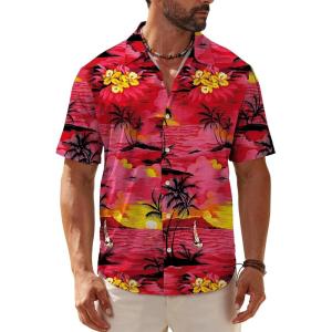 imageKYKU Hawaiian Shirt for Men Tropical Summer Beach Short Sleeve Button Down Shirt with PocketRed Palm Tree Hawaiian Shirt for Men