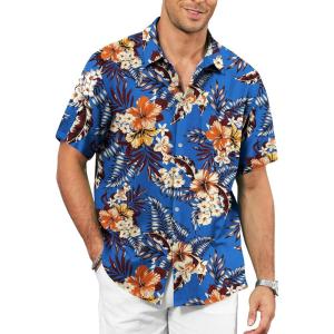 image:imageKYKU Mens Hawaiian Shirt Short Sleeve  Tropical Summer Beach Button Down Shirt with PocketBlue Flower Mens Hawaiian Shirt