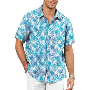 image:imageKYKU Mens Hawaiian Shirt Short Sleeve  Tropical Summer Beach Button Down Shirt with PocketBlue Tropical Leaf White Mens Hawaiian Shirt
