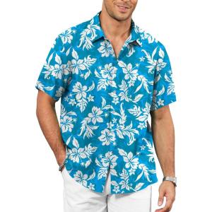 image:imageKYKU Mens Hawaiian Shirt Short Sleeve  Tropical Summer Beach Button Down Shirt with PocketBlue White Floral Mens Hawaiian Shirt