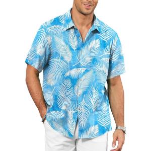 image:imageKYKU Mens Hawaiian Shirt Short Sleeve  Tropical Summer Beach Button Down Shirt with PocketBlue White Palm Leaf Mens Hawaiian Shirt