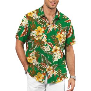 image:imageKYKU Mens Hawaiian Shirt Short Sleeve  Tropical Summer Beach Button Down Shirt with PocketGreen Flower Mens Hawaiian Shirt