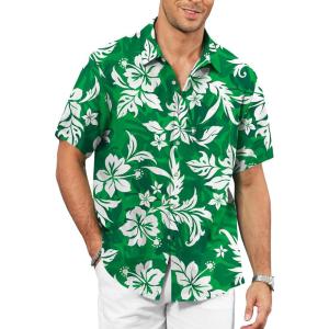 image:imageKYKU Mens Hawaiian Shirt Short Sleeve  Tropical Summer Beach Button Down Shirt with PocketGreen White Floral Mens Hawaiian Shirt