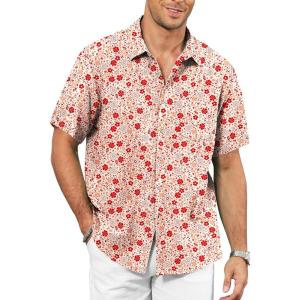 image:imageKYKU Mens Hawaiian Shirt Short Sleeve  Tropical Summer Beach Button Down Shirt with PocketLight Beige Red Floral Mens Hawaiian Shirt
