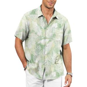 image:imageKYKU Mens Hawaiian Shirt Short Sleeve  Tropical Summer Beach Button Down Shirt with PocketLight Green White Palm Leaf Mens Hawaiian Shirt