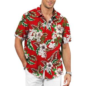 image:imageKYKU Mens Hawaiian Shirt Short Sleeve  Tropical Summer Beach Button Down Shirt with PocketRed Flower Mens Hawaiian Shirt