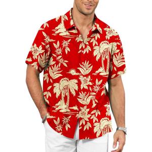 image:imageKYKU Mens Hawaiian Shirt Short Sleeve  Tropical Summer Beach Button Down Shirt with PocketRed Palm Tree Mens Hawaiian Shirt