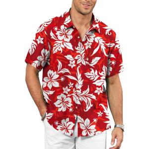 image:imageKYKU Mens Hawaiian Shirt Short Sleeve  Tropical Summer Beach Button Down Shirt with PocketRed White Floral Mens Hawaiian Shirt