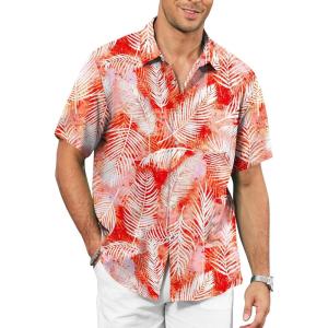 image:imageKYKU Mens Hawaiian Shirt Short Sleeve  Tropical Summer Beach Button Down Shirt with PocketRed White Palm Leaf Mens Hawaiian Shirt