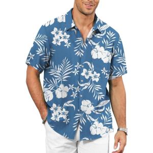 image:imageKYKU Mens Hawaiian Shirt Short Sleeve  Tropical Summer Beach Button Down Shirt with PocketWhite Flower Blue Mens Hawaiian Shirt