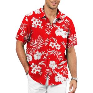 image:imageKYKU Mens Hawaiian Shirt Short Sleeve  Tropical Summer Beach Button Down Shirt with PocketWhite Flower Red Mens Hawaiian Shirt