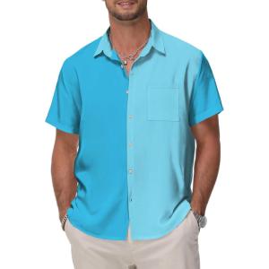 image:imageKYKU Mens Hawaiian Shirt Short Sleeve Button Down Casual Tropical Summer Beach Vacation Shirts with PocketBlue Color Block Summer Shirt for Men