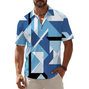 image:imageKYKU Mens Hawaiian Shirt Short Sleeve Button Down Casual Tropical Summer Beach Vacation Shirts with PocketBlue Geometric Summer Shirt for Men