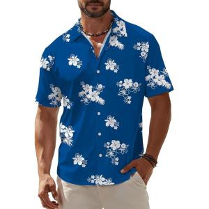 image:imageKYKU Mens Hawaiian Shirt Short Sleeve Button Down Casual Tropical Summer Beach Vacation Shirts with PocketBlue White Hawaiian Men Button Up Shirt
