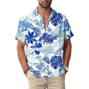 image:imageKYKU Mens Hawaiian Shirt Short Sleeve Button Down Casual Tropical Summer Beach Vacation Shirts with PocketBlue White Men Hawaiian Button Down Shirts
