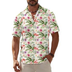 image:imageKYKU Mens Hawaiian Shirt Short Sleeve Button Down Casual Tropical Summer Beach Vacation Shirts with PocketFlamingos Beige Men Hawaiian Button Shirt