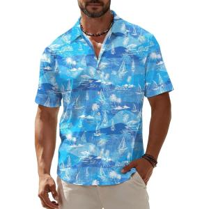 image:imageKYKU Mens Hawaiian Shirt Short Sleeve Button Down Casual Tropical Summer Beach Vacation Shirts with PocketIslands Blue Men Hawaiian Button Shirt