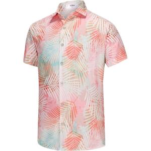 image:imageKYKU Mens Hawaiian Shirt Short Sleeve Button Down Casual Tropical Summer Beach Vacation Shirts with PocketLeaf Pink