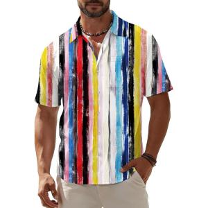 image:imageKYKU Mens Hawaiian Shirt Short Sleeve Button Down Casual Tropical Summer Beach Vacation Shirts with PocketMulticolor Striped Hawaiian Shirt for Men