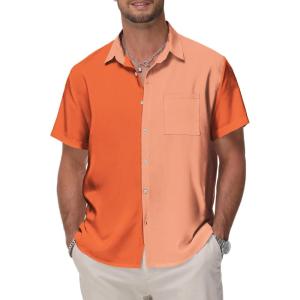 image:imageKYKU Mens Hawaiian Shirt Short Sleeve Button Down Casual Tropical Summer Beach Vacation Shirts with PocketOrange Color Block Summer Shirt for Men
