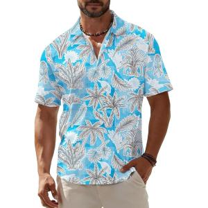 image:imageKYKU Mens Hawaiian Shirt Short Sleeve Button Down Casual Tropical Summer Beach Vacation Shirts with PocketTree Blue Men Hawaiian Button Shirts