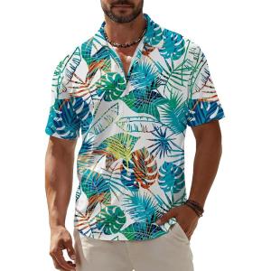 image:imageKYKU Mens Hawaiian Shirt Short Sleeve Button Down Casual Tropical Summer Beach Vacation Shirts with PocketWhite Leaf Hawaiian Shirt for Men