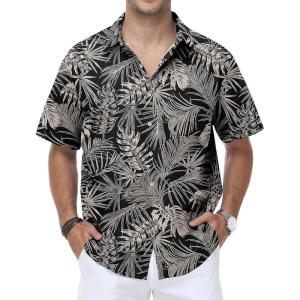 image:imageKYKU Mens Hawaiian Shirt Short Sleeve Tropical Button Down Casual Summer Beach Vacation ShirtsBlack Tropical Leaf Hawaiian Shirt for Men