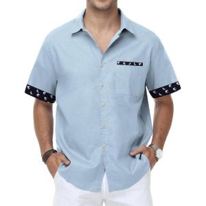 image:imageKYKU Mens Hawaiian Shirt Short Sleeve Tropical Button Down Casual Summer Beach Vacation ShirtsContrast Light Blue Beach Shirts for Men