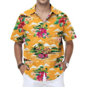 image:imageKYKU Mens Hawaiian Shirt Short Sleeve Tropical Button Down Casual Summer Beach Vacation ShirtsFloral Yellow Hawaiian Shirt for Men