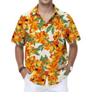 image:imageKYKU Mens Hawaiian Shirt Short Sleeve Tropical Button Down Casual Summer Beach Vacation ShirtsOrange Floral Hawaiian Shirt for Men