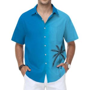 image:imageKYKU Mens Hawaiian Shirt Short Sleeve Tropical Button Down Casual Summer Beach Vacation ShirtsPalm Tree Gradient Blue Hawaiian Shirt for Men