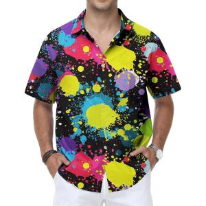 image:imageKYKU Mens Hawaiian Shirt Short Sleeve Tropical Button Down Casual Summer Beach Vacation ShirtsRainbow Paint Splatter Black Hawaiian Shirt Men