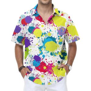 image:imageKYKU Mens Hawaiian Shirt Short Sleeve Tropical Button Down Casual Summer Beach Vacation ShirtsRainbow Paint Splatter White Hawaiian Shirt Men