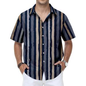 image:imageKYKU Mens Hawaiian Shirt Short Sleeve Tropical Button Down Casual Summer Beach Vacation ShirtsStriped Navy Blue Hawaiian Shirt for Men