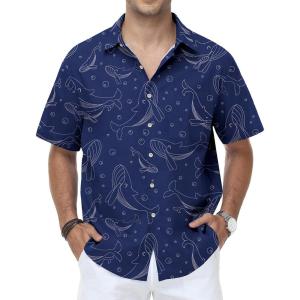 image:imageKYKU Mens Hawaiian Shirt Short Sleeve Tropical Button Down Casual Summer Beach Vacation ShirtsWhale Navy Blue Hawaiian Shirt for Men