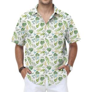 image:imageKYKU Mens Hawaiian Shirt Short Sleeve Tropical Button Down Casual Summer Beach Vacation ShirtsWhite Green Leaf Hawaiian Shirt for Men