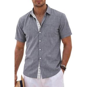 image:imageKYKU Mens Button Down Shirts Short Sleeve Casual Summer Beach Vacation Wedding Shirt Inner Contrast with PocketDark Blue