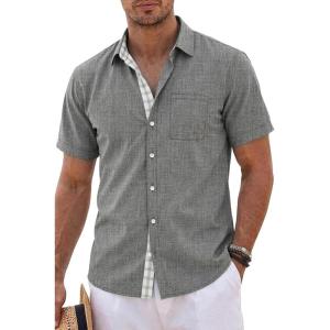image:imageKYKU Mens Button Down Shirts Short Sleeve Casual Summer Beach Vacation Wedding Shirt Inner Contrast with PocketGrey