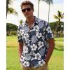 image:imageKYKU Mens Hawaiian Shirts Short Sleeve Button Down Summer Vacation Beach Shirts Pleated Back with PocketNavy Blue White Hibiscus