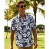 image:imageKYKU Mens Hawaiian Shirts Short Sleeve Button Down Summer Vacation Beach Shirts Pleated Back with PocketNavy Blue White Hibiscus
