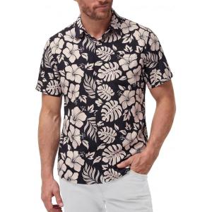 image:imageKYKU Mens Hawaiian Shirts Short Sleeve Button Down Summer Vacation Beach Shirts Pleated Back with PocketBlack Beige Hibiscus