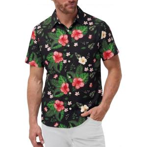 image:imageKYKU Mens Hawaiian Shirts Short Sleeve Button Down Summer Vacation Beach Shirts Pleated Back with PocketBlack Floral