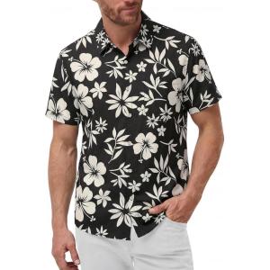 image:imageKYKU Mens Hawaiian Shirts Short Sleeve Button Down Summer Vacation Beach Shirts Pleated Back with PocketBlack White Hibiscus