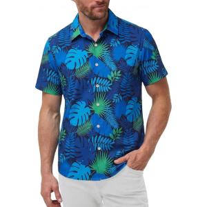 image:imageKYKU Mens Hawaiian Shirts Short Sleeve Button Down Summer Vacation Beach Shirts Pleated Back with PocketBlue Green Tropical Leaf