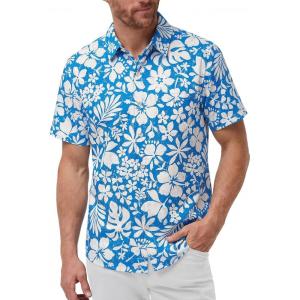 image:imageKYKU Mens Hawaiian Shirts Short Sleeve Button Down Summer Vacation Beach Shirts Pleated Back with PocketBlue White