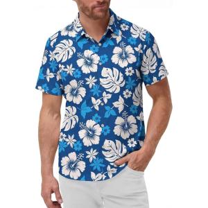 image:imageKYKU Mens Hawaiian Shirts Short Sleeve Button Down Summer Vacation Beach Shirts Pleated Back with PocketBlue White Floral