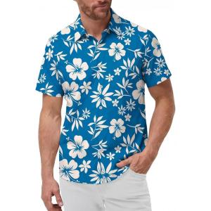 image:imageKYKU Mens Hawaiian Shirts Short Sleeve Button Down Summer Vacation Beach Shirts Pleated Back with PocketBlue White Flower