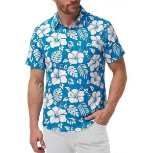 image:imageKYKU Mens Hawaiian Shirts Short Sleeve Button Down Summer Vacation Beach Shirts Pleated Back with PocketBlue White Hibiscus