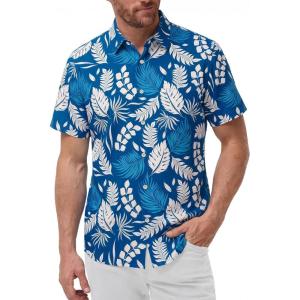 image:imageKYKU Mens Hawaiian Shirts Short Sleeve Button Down Summer Vacation Beach Shirts Pleated Back with PocketBlue White Tropical Leaf